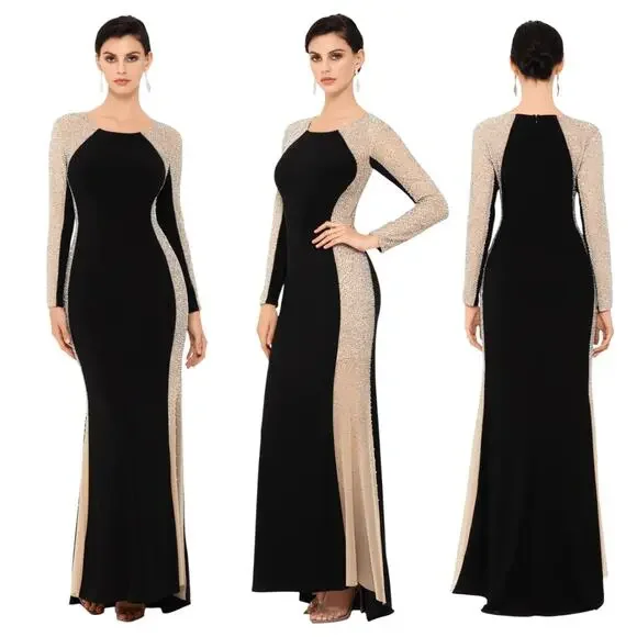 Xscape | Dresses | Xscape Maxi Dress Sarah Jersey Knit Caviar Beaded Side  Gown Black Nude Silver | Poshmark